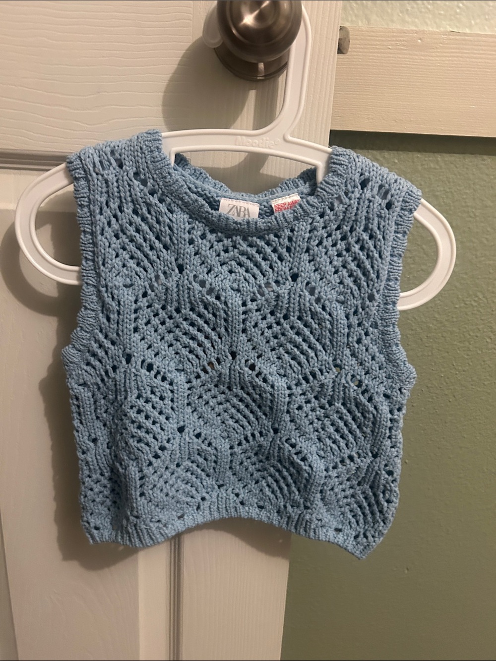 Zara Sky Blue Openwork Cropped Knit Tank